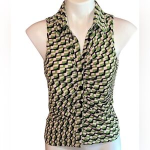 Kontrol Button Down Collar Shirt Sleeveless Stylish Chevron Print Top M